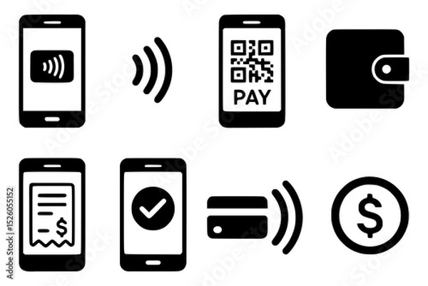 Fototapeta Solid style mobile payment icons set. Black glyph vector symbols of NFC, QR code, wallet, phone, smartphone, money, card