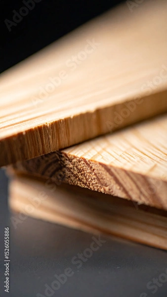 Obraz Stacked wooden planks reveal intricate textures and natural grain patterns. The warm afternoon light enhances the details, creating a striking visual effect in a workshop.