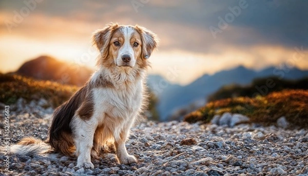 Fototapeta Cute dog lounging on stony ground amidst rustic charm and earthy tones, exuding warmth and serenity in a peaceful landscape.