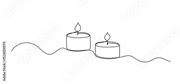 Fototapeta Candle with flame one line drawing, symbol of spa, continuous line isolated sketch, border