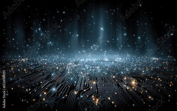 Obraz Tech Banner Background: Glowing Circuit Board with Stars, Abstract Digital Vector Design, Blue Copy Space
