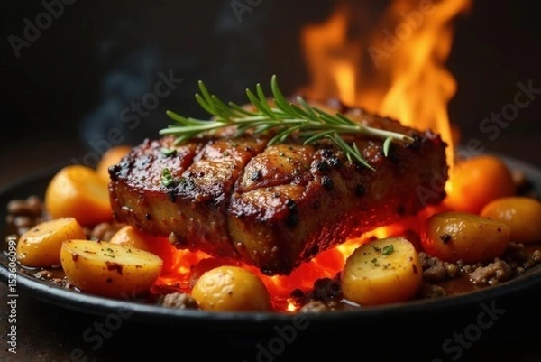 Obraz Juicy roasted meat, golden potatoes on glowing embers, countryside setting, countryside