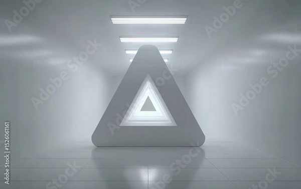 Fototapeta Futuristic Hyper-Real Environment: Shadowless White Space with Levitating Triangles, Low-Angle Symmetric Composition