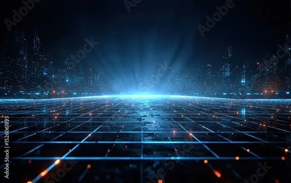 Obraz 4K Ultra-Realistic Render: Abstract Blue Glow Digital Background with City Skyline and Light Grid Vector