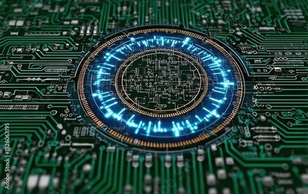 Obraz Blue-Green Tech Flat Lay: Circuit Board and Data Center Elements Around Glowing Circle, Digital Template