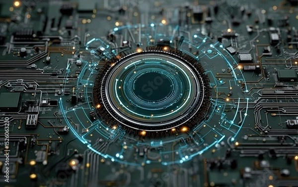 Obraz Futuristic Flat Lay Design: Blue-Green Circuit Board and Data Center Background with Central Glow Circle, Digital Render