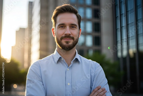 Fototapeta Positive caucasian businessman smiling confidently during golden hour outside office building for personal branding and professional use in corporate marketing presentation