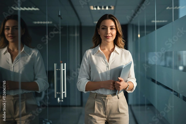Fototapeta Smiling caucasian female executive in smart outfit confidently posing inside modern glass office corridor for corporate branding and professional profile visual communication