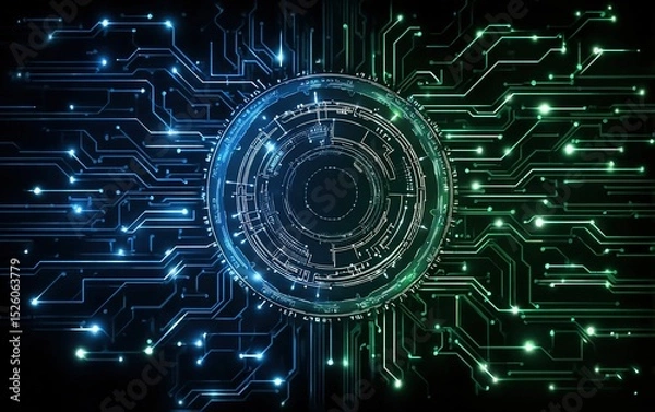 Fototapeta Blue green hue circuit board abstract background, glowing dots around circular center, high-tech digital element, perfect for data visualization and innovation projects.