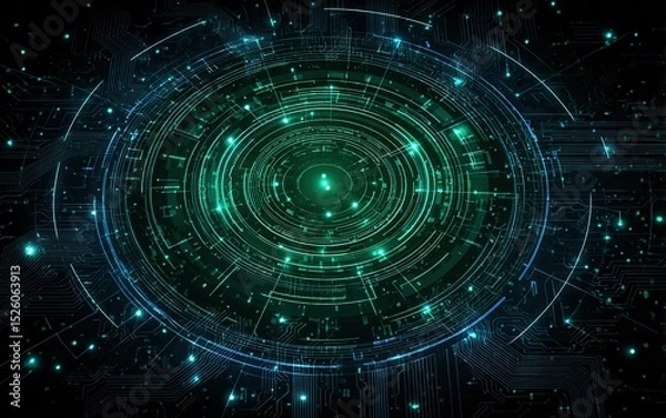 Fototapeta High-tech blue green circuit board digital background, circular center with glowing dots connection, ideal for tech websites and electronic displays, futuristic.