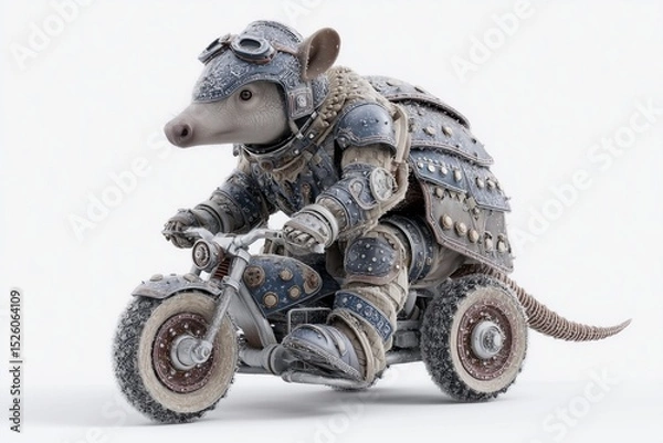 Fototapeta A funky armadillo in armored biking gear rolling through snow race on solid white background, durable and fast, frosty challenge.