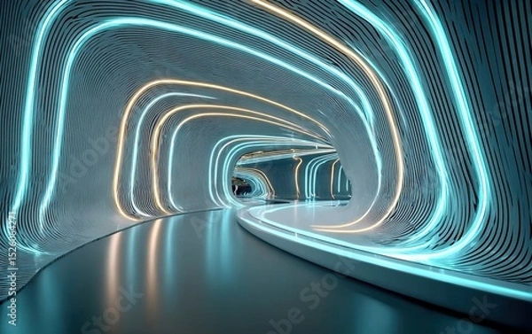 Obraz 3D abstract tunnel with glowing blue teal lines and white neon lights, dark background vector illustration, flat style digital art, high-resolution futuristic design for tech presentations.