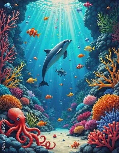 Obraz Underwater party scene with vibrant sea creatures and colorful bubbles
