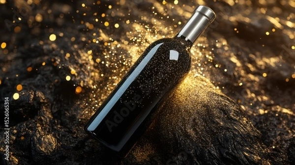 Fototapeta A dark elegant wine bottle resting amidst a cascade of golden light evoking luxury and celebration with a