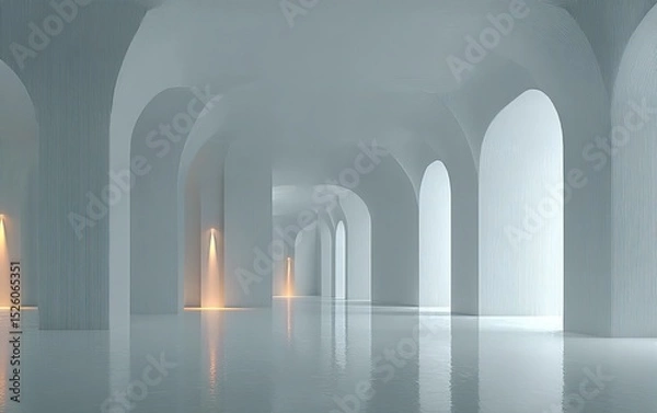 Fototapeta 3D rendering minimalist architectural abstract interior, white empty room columns with soft light shadows, high-quality background for design.