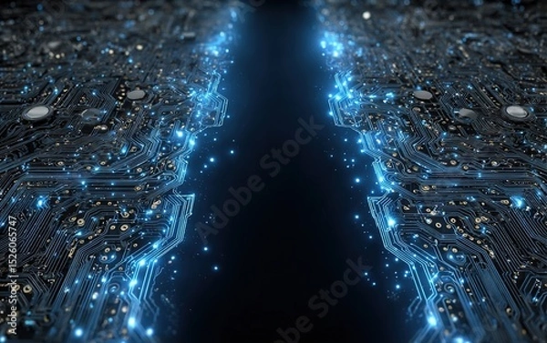 Obraz HD abstract tech background, deep blue base with separated circuit lines, minimalist white space design, perfect for UI elements.