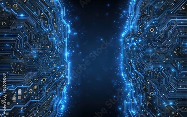 Obraz Deep blue vector technology background with symmetrical circuit lines and white space, abstract circuit pattern HD detail, ideal for digital displays.