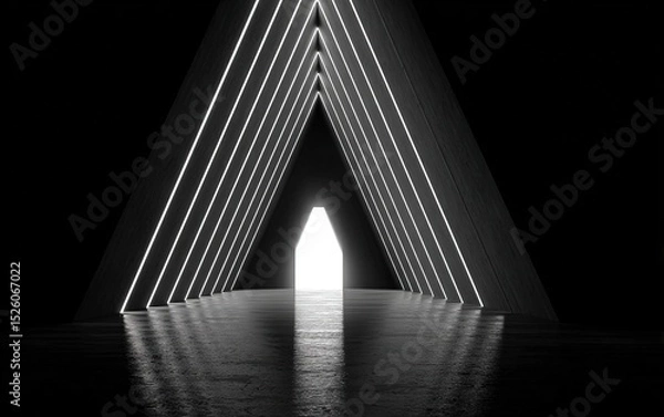 Fototapeta Black background with white triangle lines symmetrical composition, high resolution detailed minimalist art symbolizing empty space, neon lights illumination reflection and front beams forming triangl