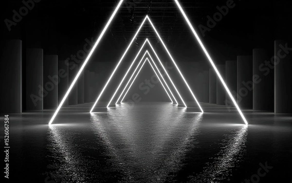 Obraz Minimalist abstract background: black floor reflecting neon white light, symmetrical triangle lines symbolizing open area, high detail composition with beams forming geometric pattern.
