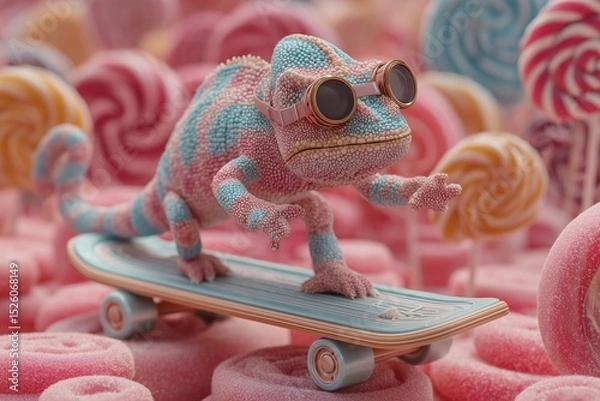 Fototapeta A funky chameleon in spy goggles riding a hoverboard over a maze of giant lollipops, color-changing antics.
