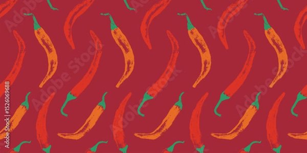 Fototapeta Vector seamless hand drawn chili pepper pattern. Spicy print for fabric, food packaging, kitchen textiles, and branding. Organic agronomy concept in handmade style.
