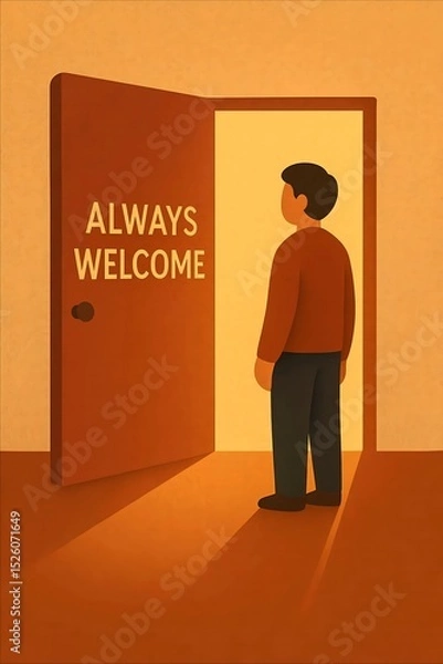Obraz A figure stands before a glowing doorway with the words "Always Welcome"—symbolizing unconditional acceptance and warmth, no matter the time or distance.