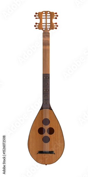 Obraz A medieval fantasy lute, front view, made of light cherry wood with four sound holes and red pegs. 3D image on transparent background. 