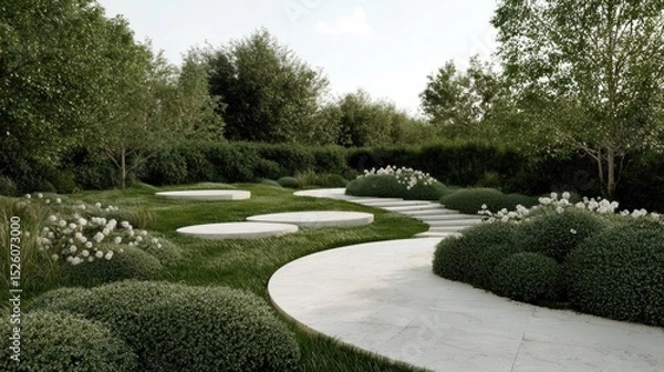 Fototapeta Beautiful garden with a circular pathway in the center. the pathway is made of concrete and is surrounded by neatly trimmed bushes and shrubs on both sides.