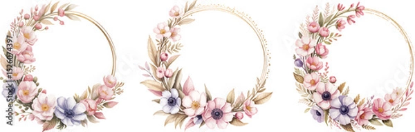 Fototapeta Watercolor Floral Wreath with Circular Frame, Soft Pastel Spring Floral Mix, Ethereal Leaves and Branches