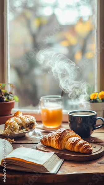 Fototapeta Cozy morning breakfast with croissants and coffee in natural light setting