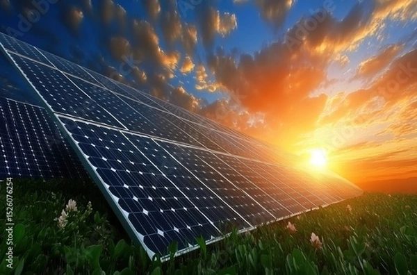 Obraz Solar energy in action: sunrise over solar panels in