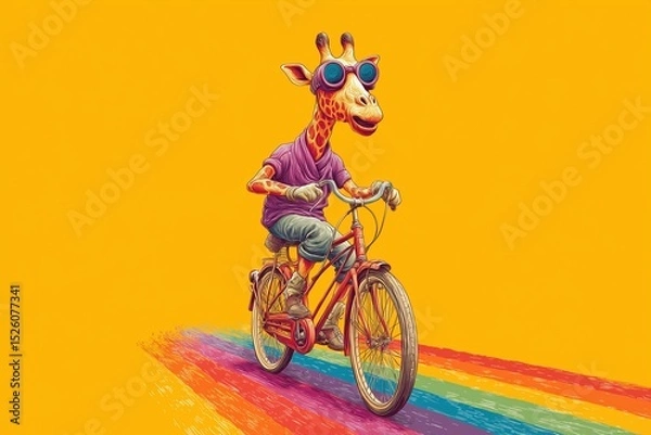 Fototapeta A funky giraffe in retro racing goggles riding a vintage bicycle on a rainbow road, wobbly wheels, hilarious expression, vibrant cartoonish background.
