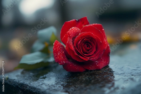 Obraz A poignant red rose with dew drops on a marble gravestone, a dramatic scene of memory.