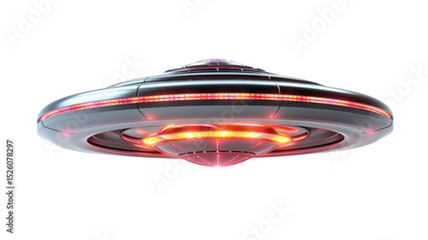 Obraz Isolated metallic ufo with red lights on a transparent background