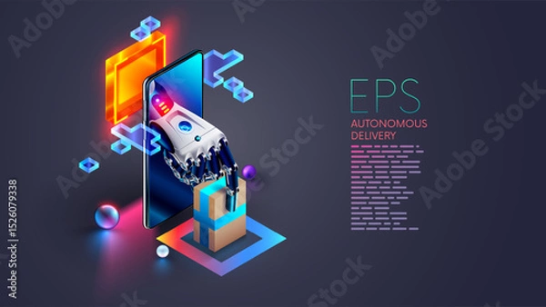 Fototapeta The AI manages the logistics, delivery of the online store. The robot or Cyborg hand gives the order box to customer from screen phone. Artificial Intelligence delivery. Delivery service automation.