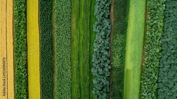 Fototapeta Aerial view of a vegetable garden. the garden is divided into different sections, each with a different color and shape.