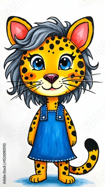 Obraz A Cartoon Leopard Girl Character Illustration Wearing a Dress