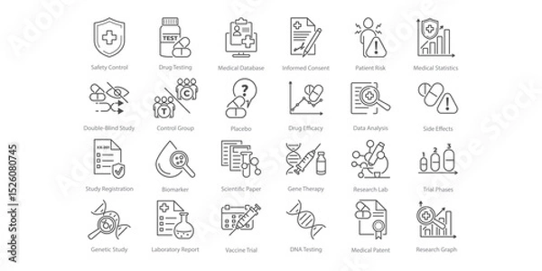 Obraz Vector line icons set representing a medical trial. Shows elements of study, research, test, and clinic context. Suitable for use in clinical or educational settings.