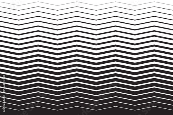 Obraz Zigzag stripe pattern with gradient thickness. Black and white chevron lines with optical illusion. Modern abstract geometric background. Digital vector illustration.