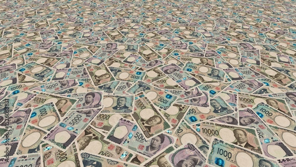 Fototapeta Financial illustration. Scattered new banknotes Of Japan. Japanese paper notes in perspective. Economy, business and inflation. Wallpaper or background