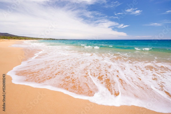 Fototapeta Sunny beach in Hawaii with golden sand, clear blue water under a bright sky