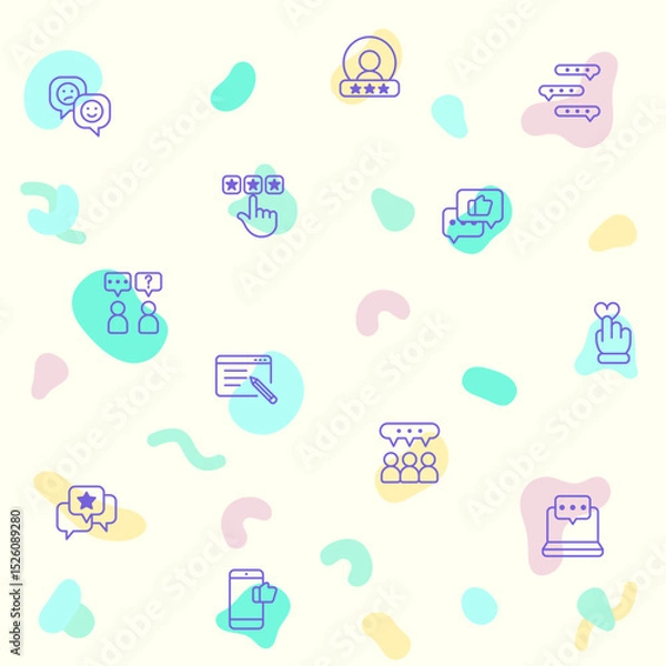 Fototapeta Vector illustration of a cute Review And feedback. Collection of customer, rating, star rating, chat, testimonials, survey, support, communication, sign and other elements. Isolated on beige.