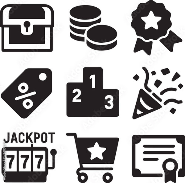 Fototapeta Professional graphic design clipart set 2D illustration, Vector set of reward flat icons in black silhouette