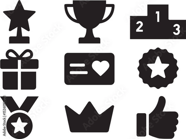Fototapeta Vector set of reward flat icons in black silhouette, Professional graphic design clipart set 2D illustration