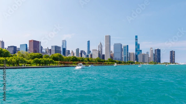 Fototapeta Bright and sunny view of downtown Chicago with the shimmering Michigan lake in the foreground