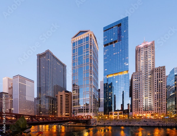 Fototapeta Scenic view of downtown Chicago during sunset