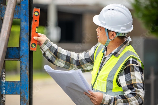 Fototapeta Construction Worker Using Leveling Tool and Blueprint at Construction Site Wea Safety Helmet and High Visibility Vest Du Building Project