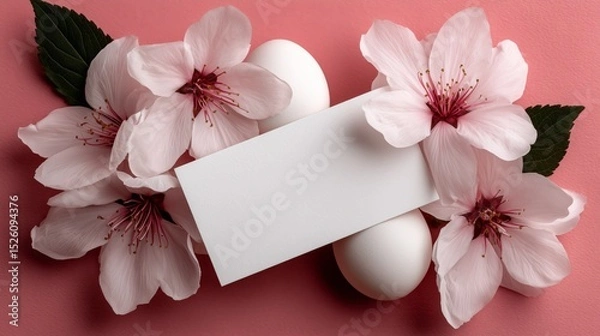 Obraz Minimal flat lay of Easter eggs and flowers arranged on pastel background with clean style and blank paper in center for message or promotion.