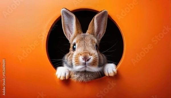 Fototapeta Cute Rabbit Peeking Through a Circular Orange Hole Adorable Forest Mood Booster with Vibrant Sunset Backdrop