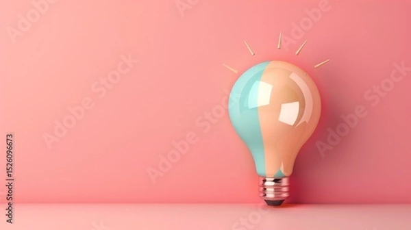 Fototapeta Lightbulb idea on pink background. Half peach, half cyan, it emits rays. AI generative.